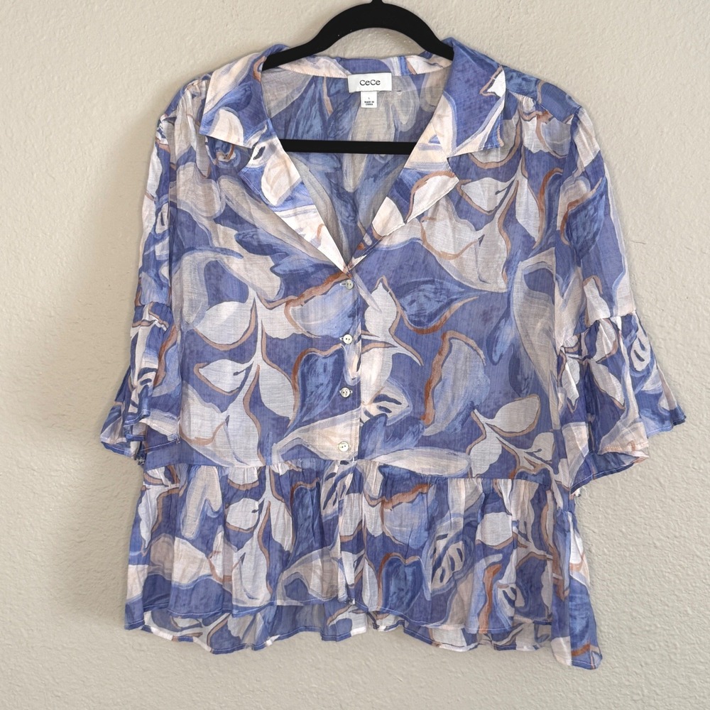 Artsy Lagenlook Coastal Botanical Breezy Lightweight Ruffle Blouse Womens Large